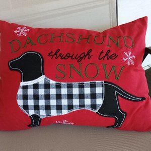 Dachshund Through The Snow 18 x 12.5 Decorative Red Throw Pillow